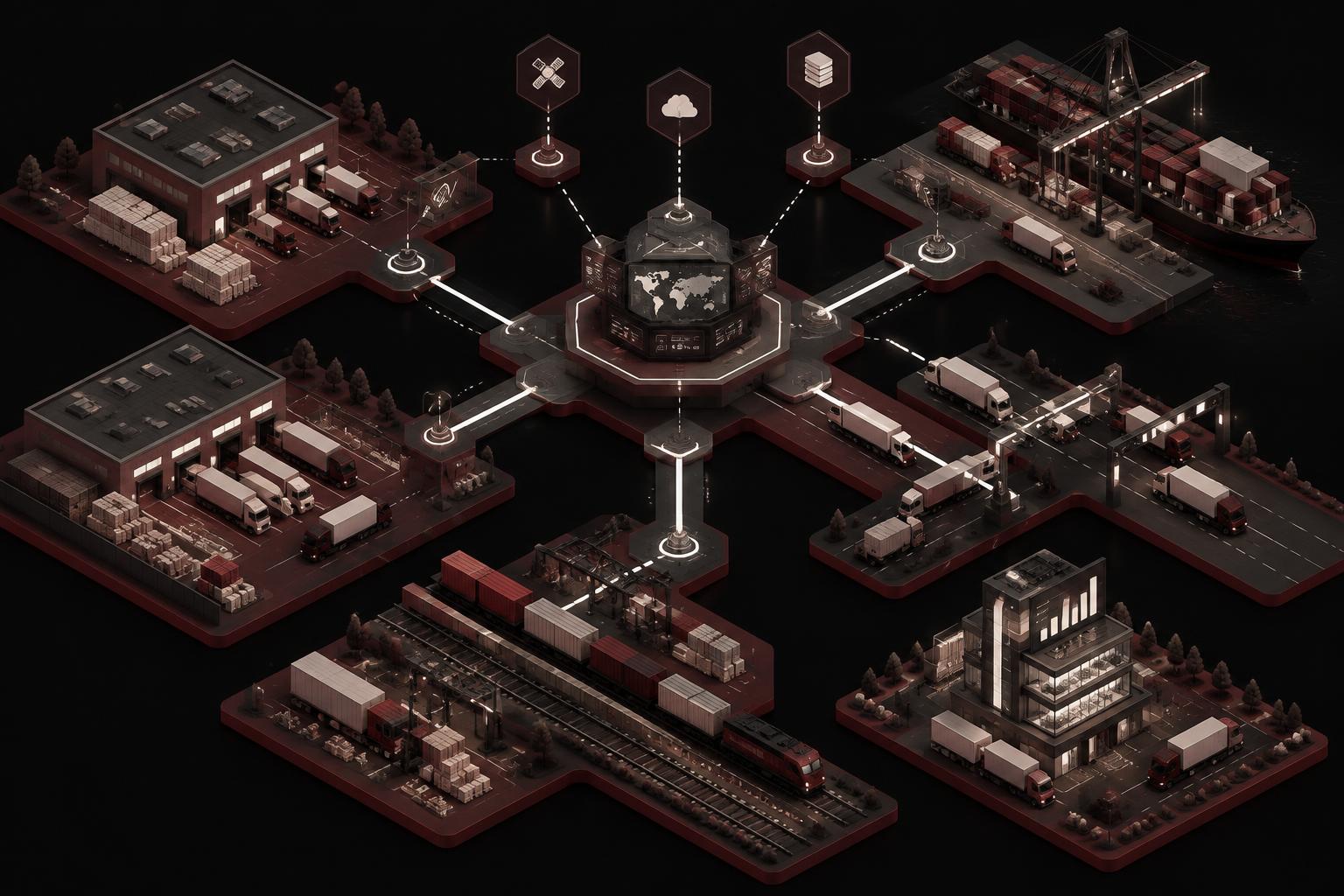 Isometric conceptual logistics network connecting shipments, dispatch, carriers, routes and reporting