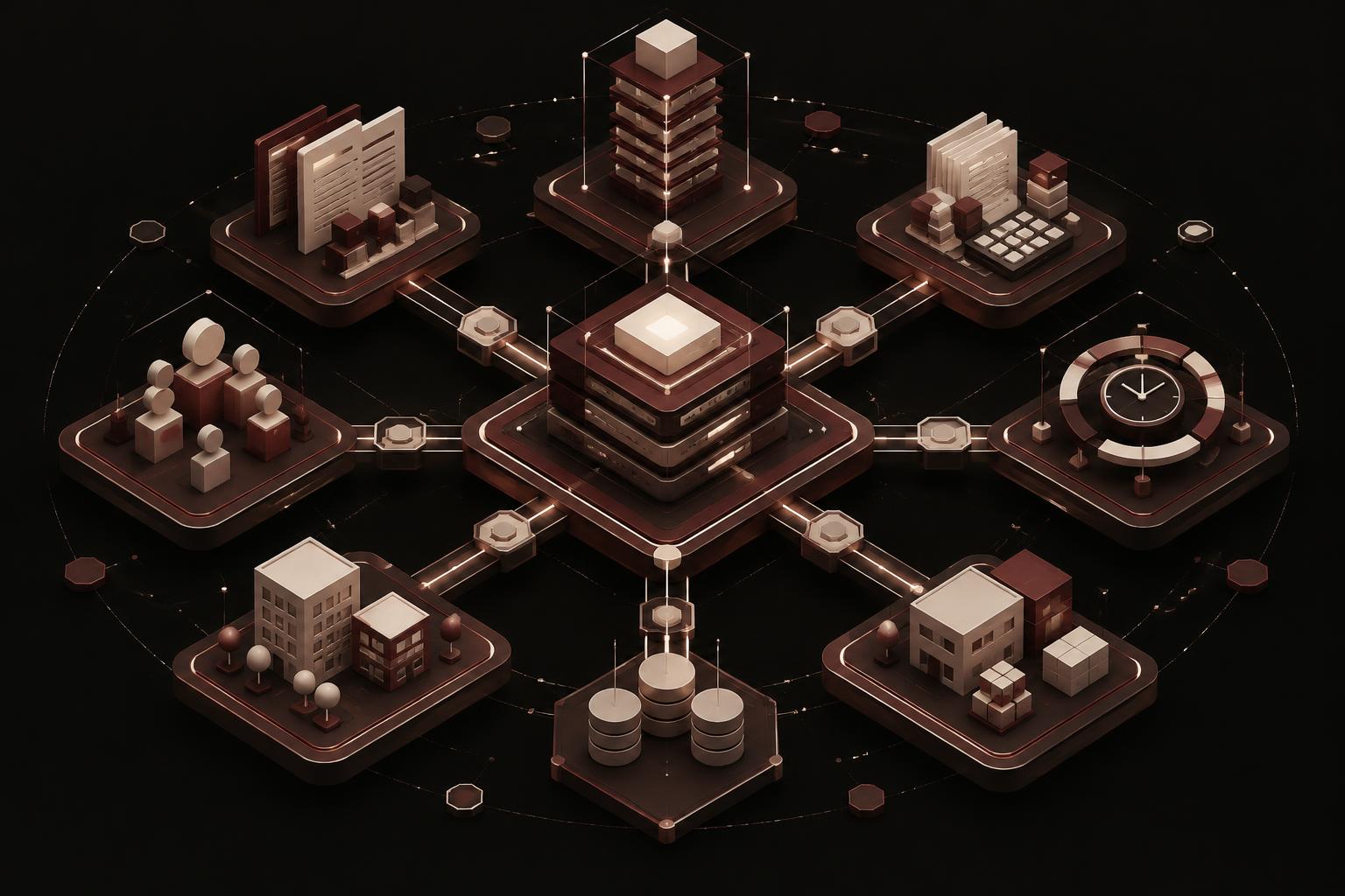 Isometric conceptual ERP system linking projects, people, time, invoices and operational data